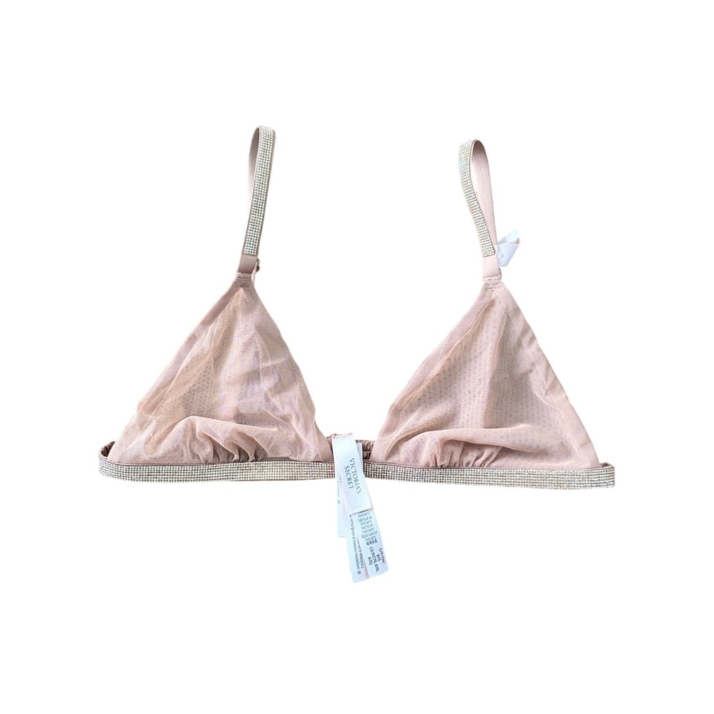 Victoria's Secret Rhinestone Shine Strap Mesh Triangle Bralette Nude Pink S NWT
